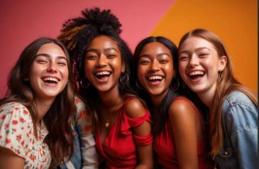 Four diverse women laughing together joyfully.