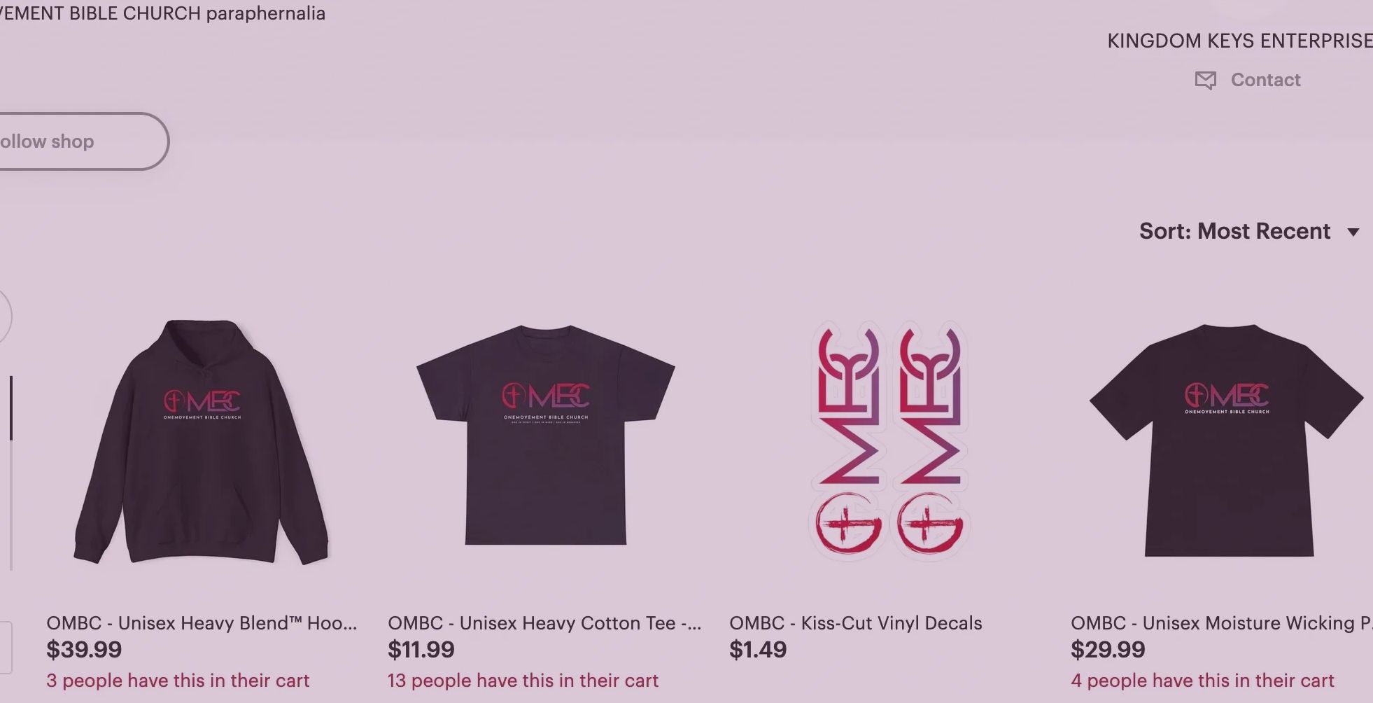 Merchandise featuring OneMovement Bible Church logo including hoodies, tees, and vinyl decals.