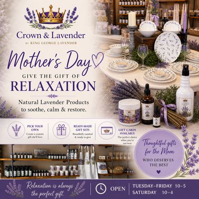 Mother's Day lavender relaxation gift products and store info by Crown &amp; Lavender.