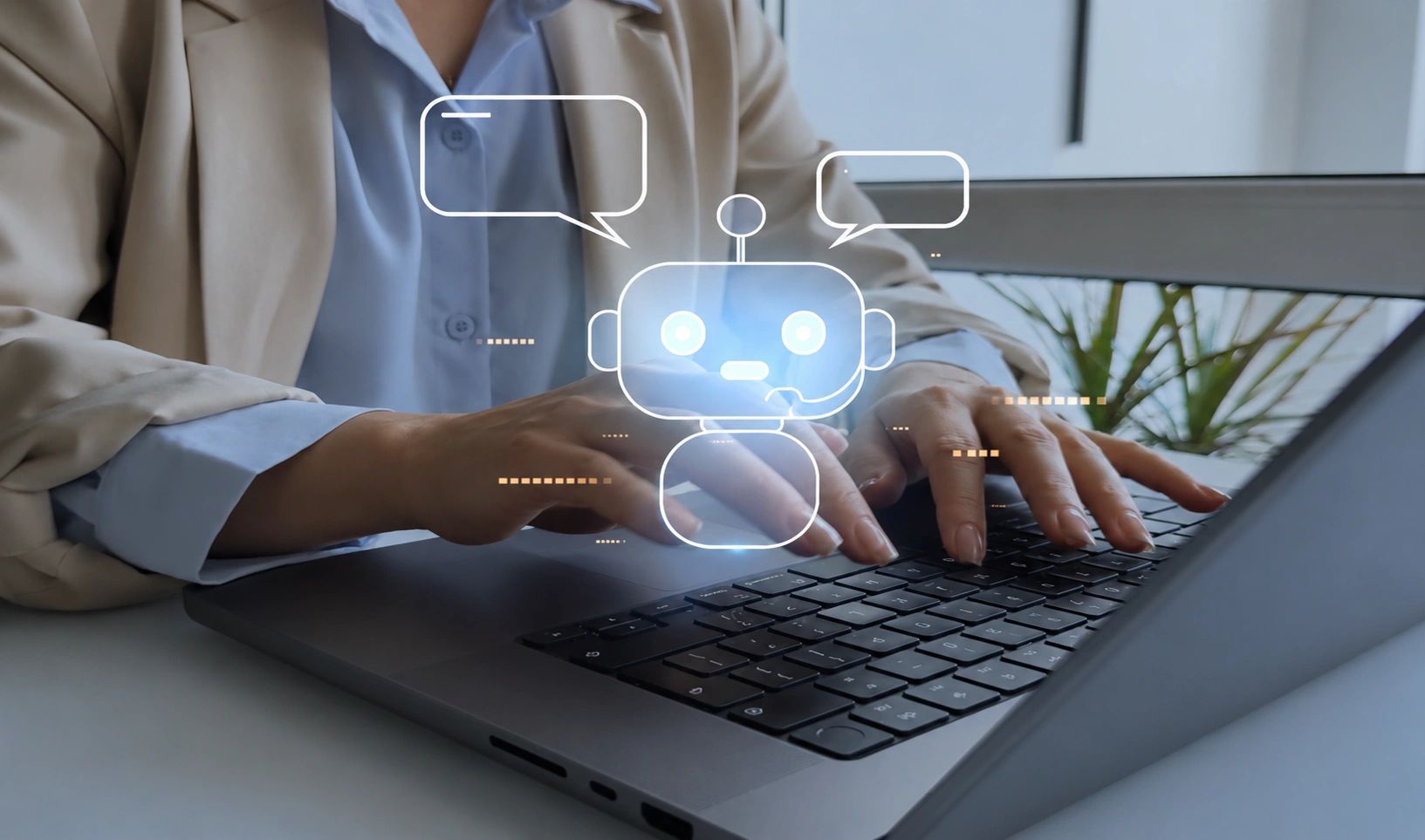 Person using a laptop with an AI chatbot interface overlay for AI agents, Microsoft Copilot Studio, and business process automation.