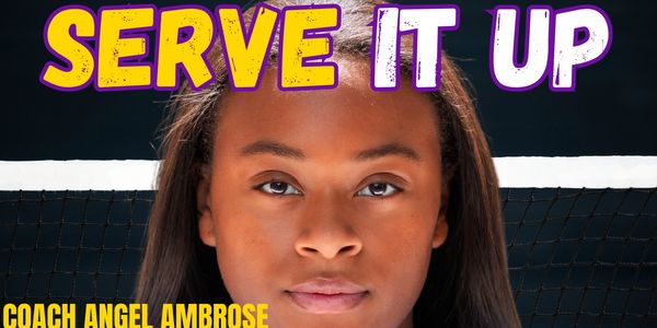 Close-up of a female tennis player with a net and bold text saying 'Serve It Up'.