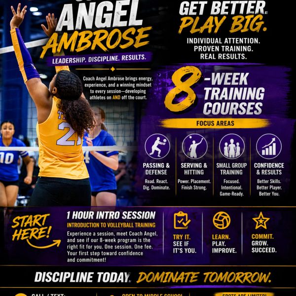 Volleyball training with Coach Angel Ambrose: 8-week courses to improve skills and confidence.