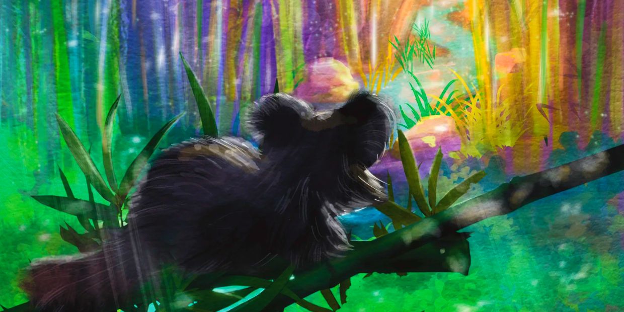 Binturong illustration in colorful bamboo forest