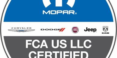 FCA US LLC certified collision repair center logo with Mopar and associated car brands.