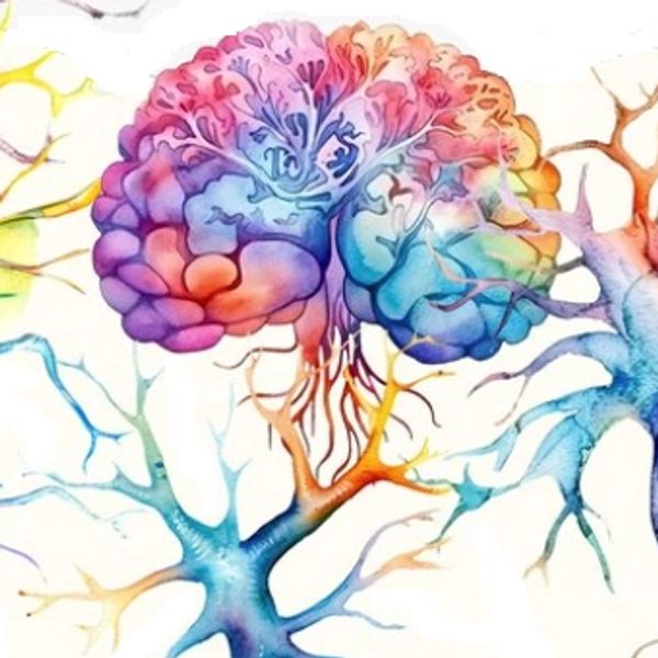 Colorful artistic brain with neuron-like branches extending outward.
