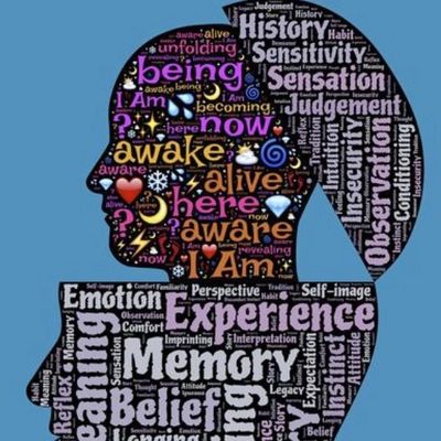 Word cloud shaped as a human head illustrating consciousness and self-awareness.