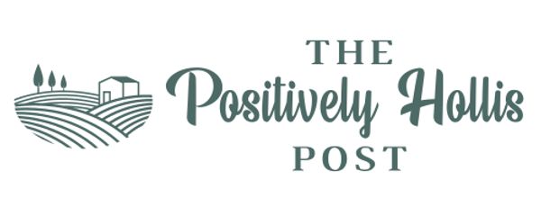 Logo for The Positively Hollis Post with farm landscape.