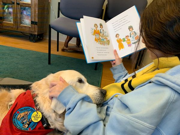 A person reads a book to a therapy dog relaxing beside them.