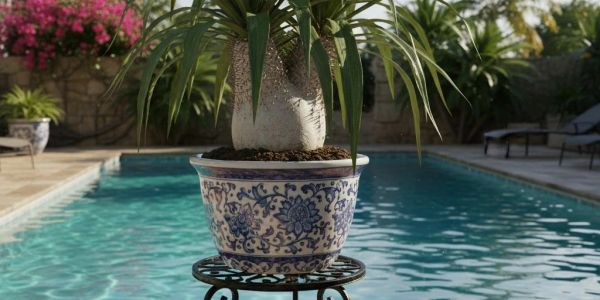 Decorative potted plant beside pool on metal stand.