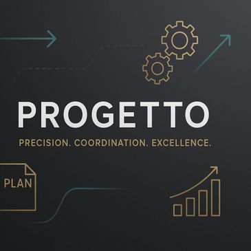 Progetto logo with gears, plan, and growth icons on a dark background.