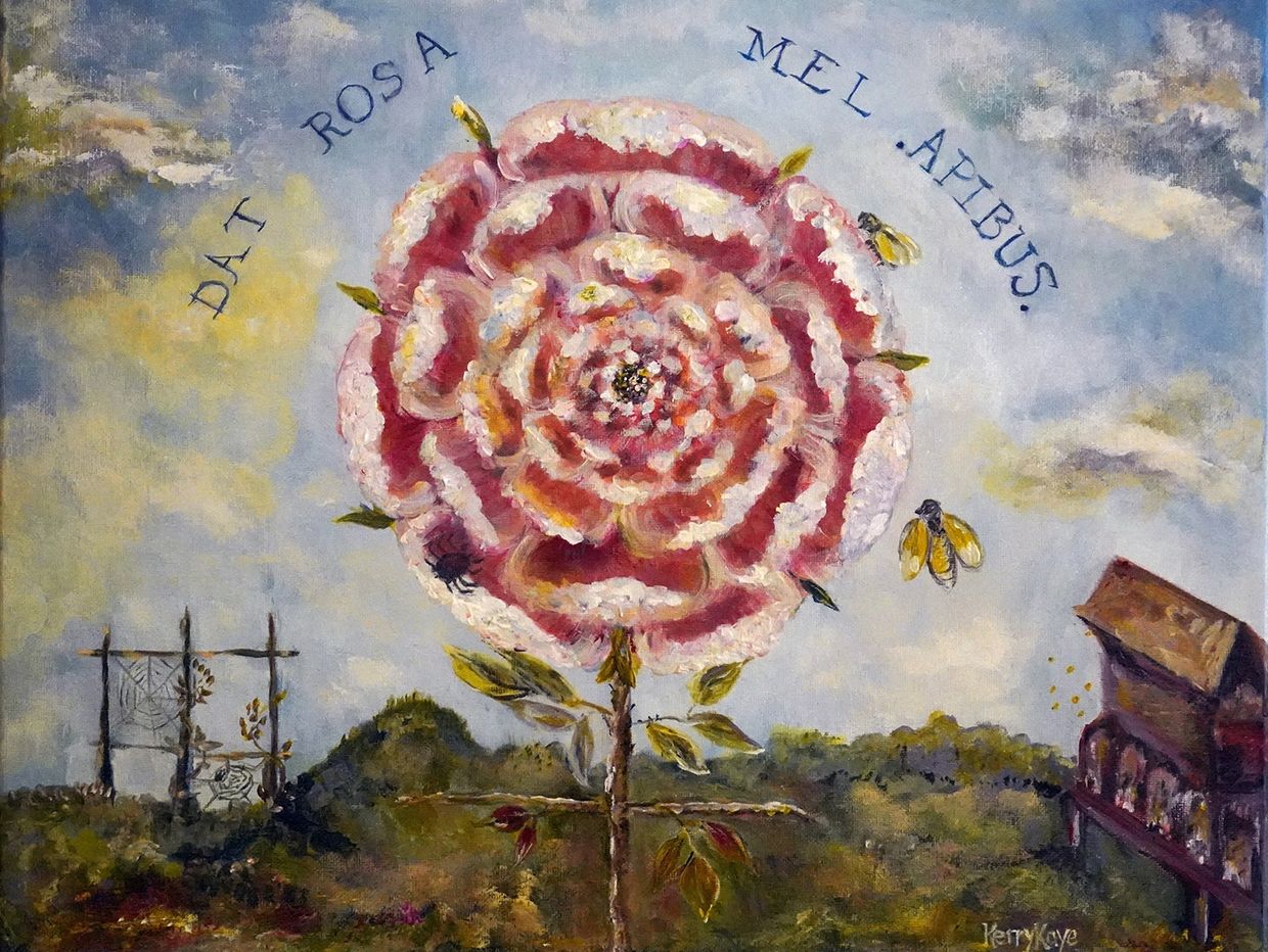 Painting of a large pink rose with bees and Latin text in a natural setting.