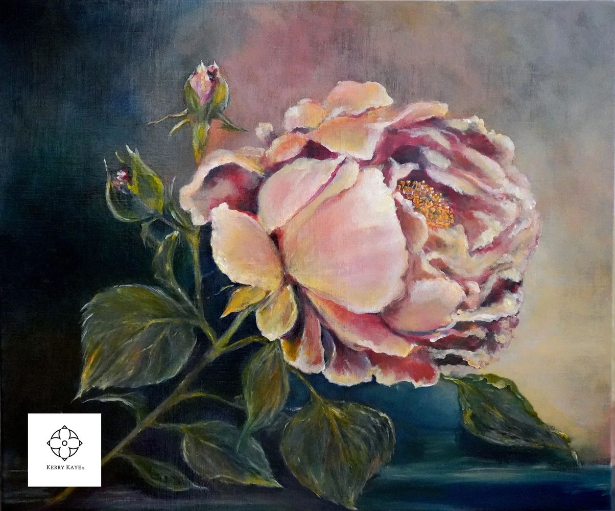 A delicate pink rose with lush green leaves against a soft, muted background.