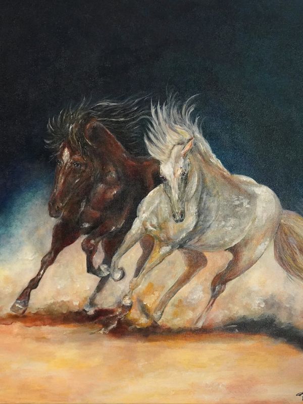 Painting of two galloping horses kicking up dust against a dark background.