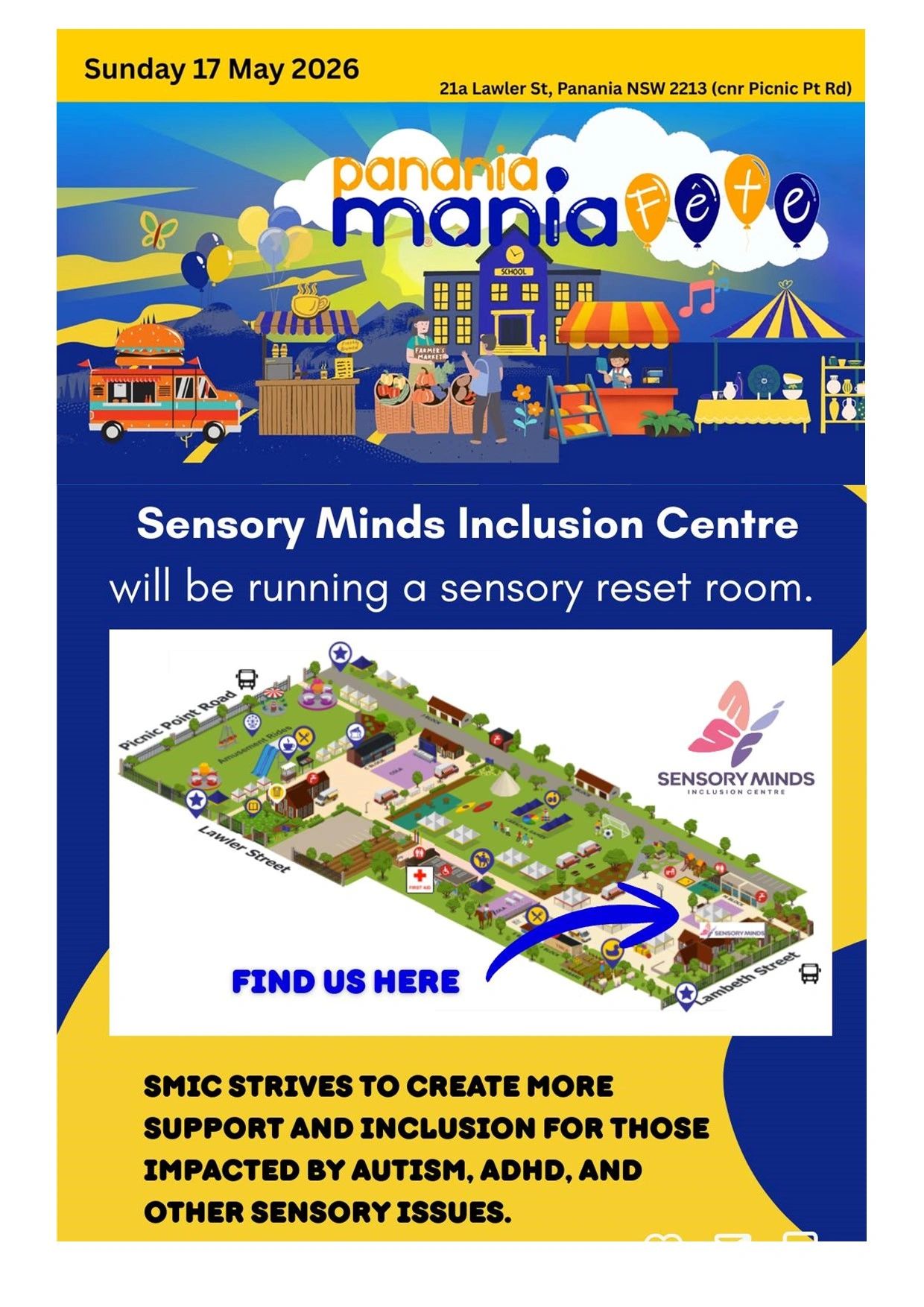 Panania Mania Fête on 17 May 2026 with Sensory Minds Inclusion Centre's sensory reset room.