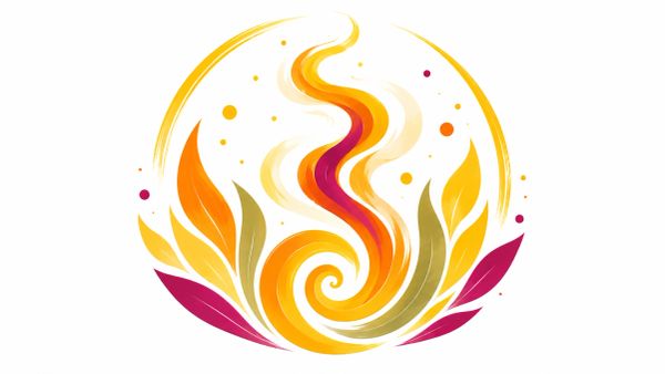 Abstract flame and leaves forming a vibrant circular design.