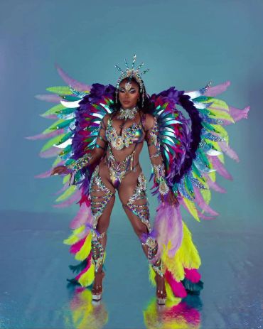 Woman in elaborate carnival costume with colorful feathers and jewels.
