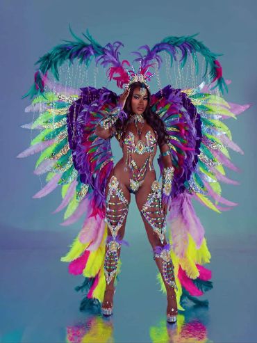 Woman in vibrant feathered carnival costume.
