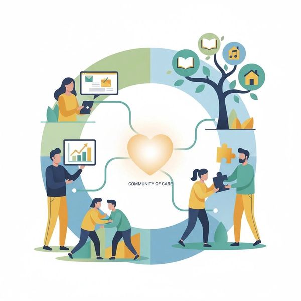 Illustration of a community connected by care, collaboration, and growth.