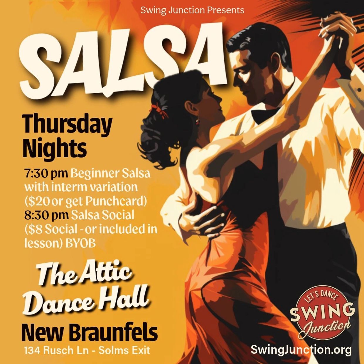 Couple dancing salsa at The Attic Dance Hall, New Braunfels on Thursday nights.