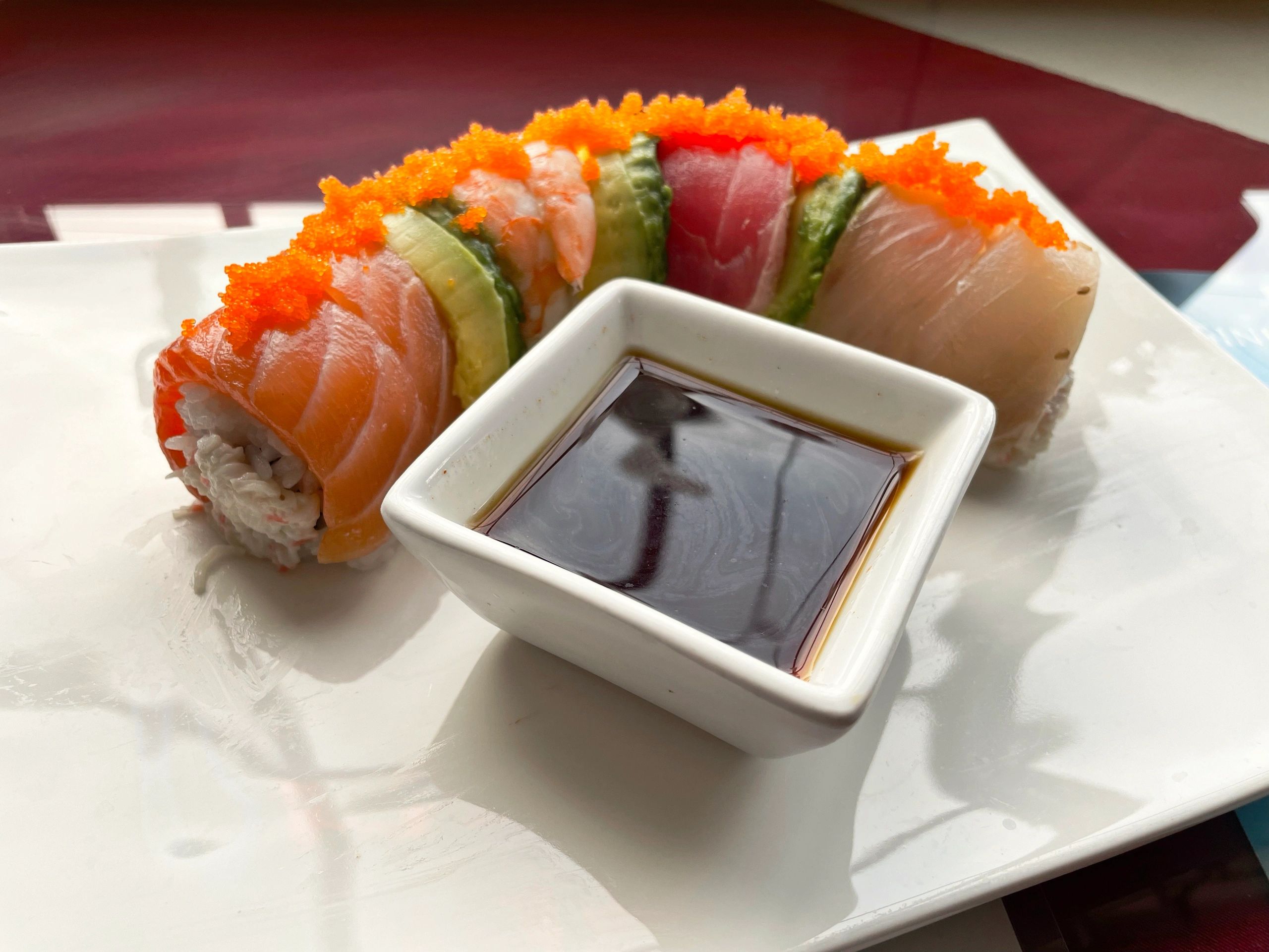 Rainbow Roll - Salmon, Shrimp, Albacore and Avocado all in one sushi roll!