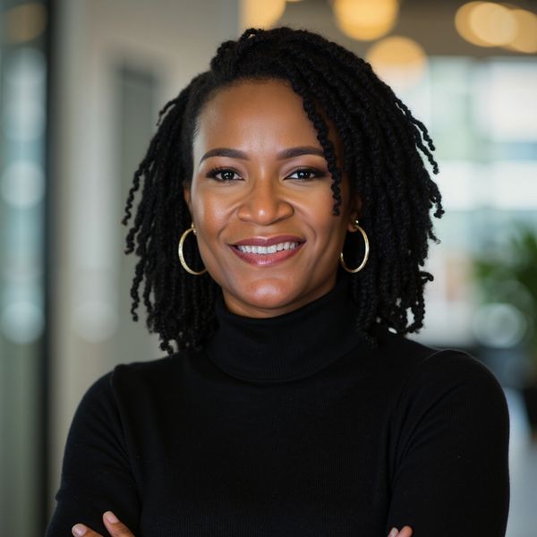 Confident woman with natural curly hair smiles warmly in a black turtleneck.