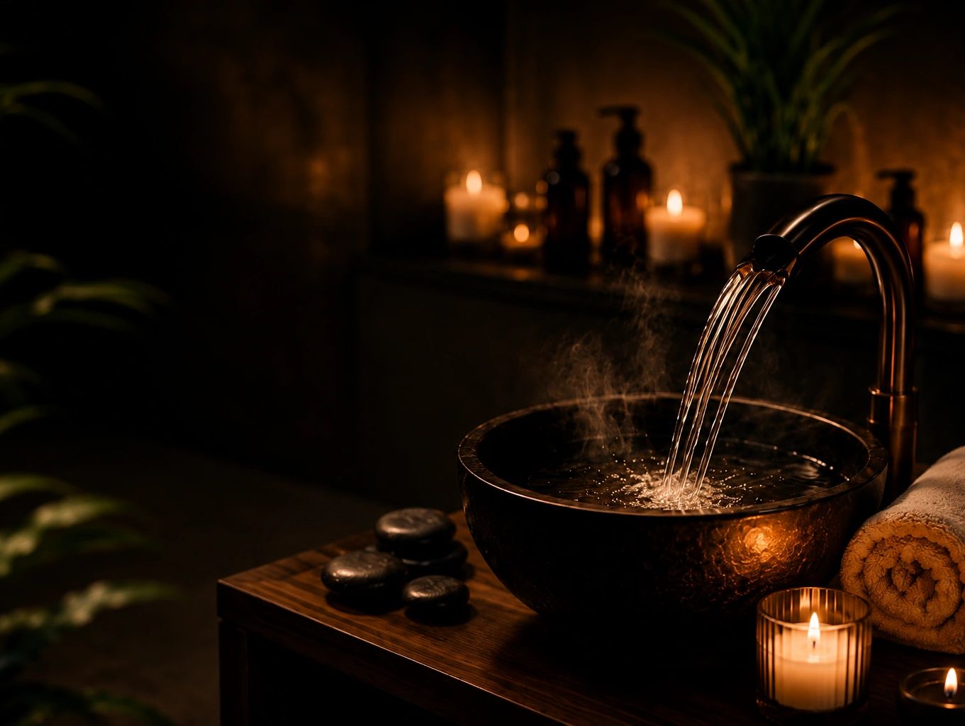 A warm, steamy water bowl with lit candles and a rolled towel for a relaxing spa experience.