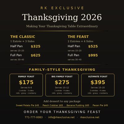 Thanksgiving 2026 catering packages flyer from RK Exclusive