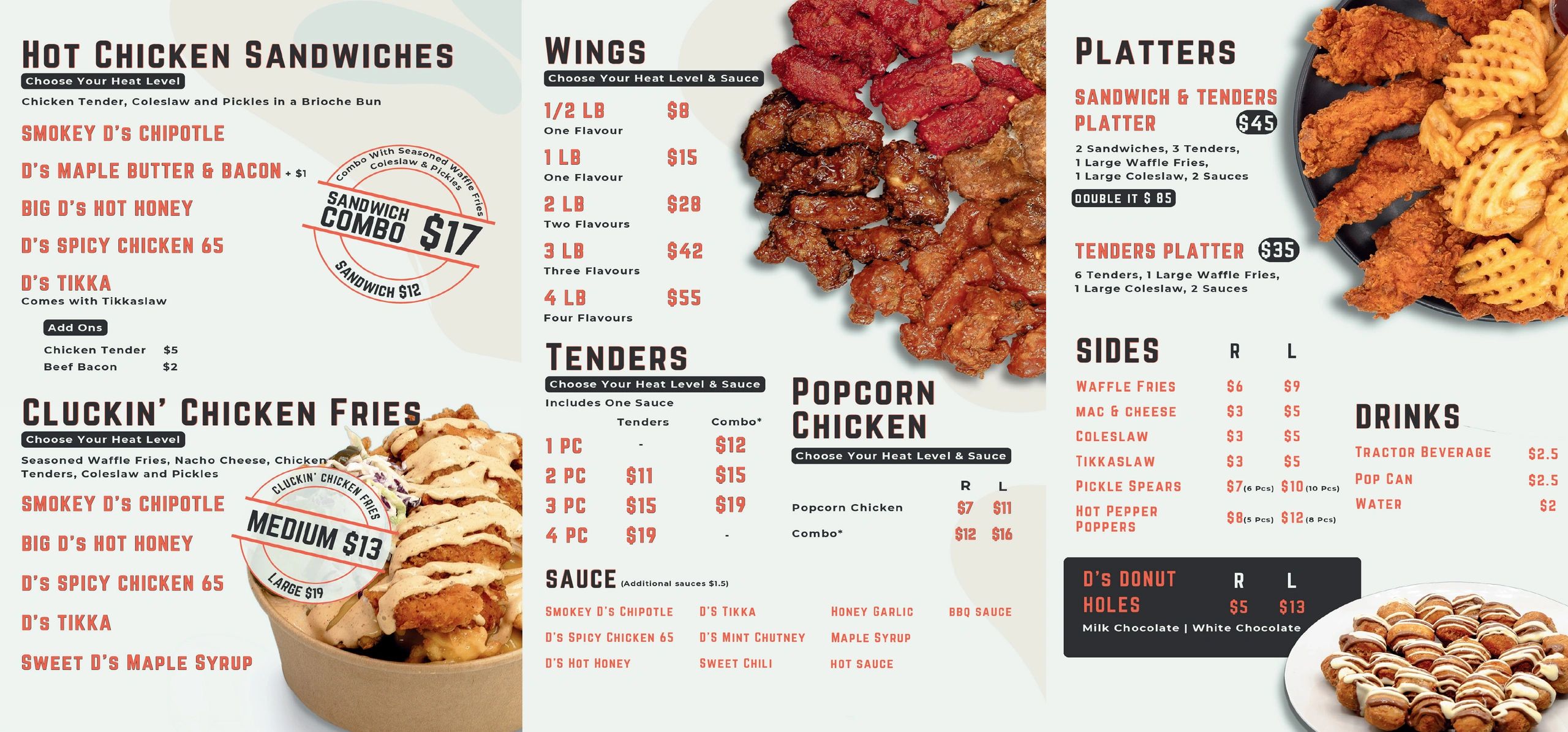 Choose from a variety of Sandwiches, or try our Cluckin' Chicken Fries.