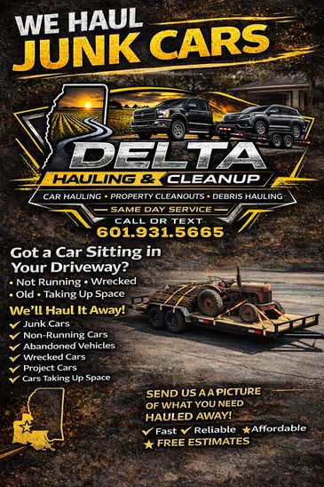 Advertisement for Delta Hauling &amp; Cleanup junk car hauling services.