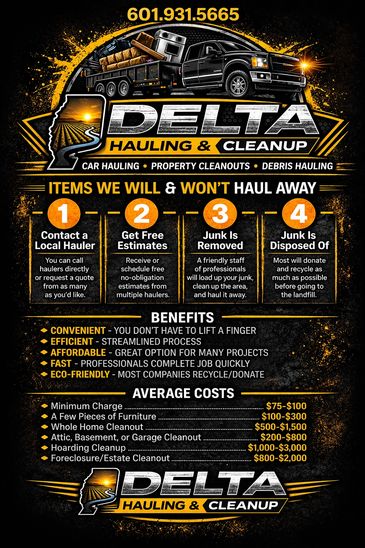 Delta Hauling &amp; Cleanup offers car hauling, property cleanouts, and debris hauling services with free estimates.