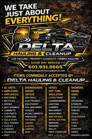 Advertisement for Delta Hauling &amp; Cleanup services with a detailed list of accepted items.