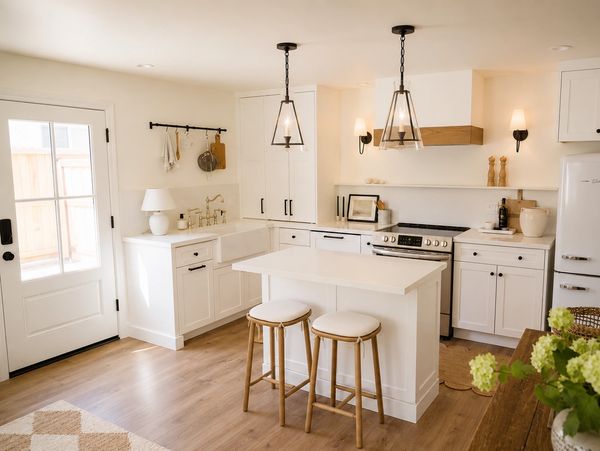 Bright, modern kitchen with white cabinets and wooden stools.