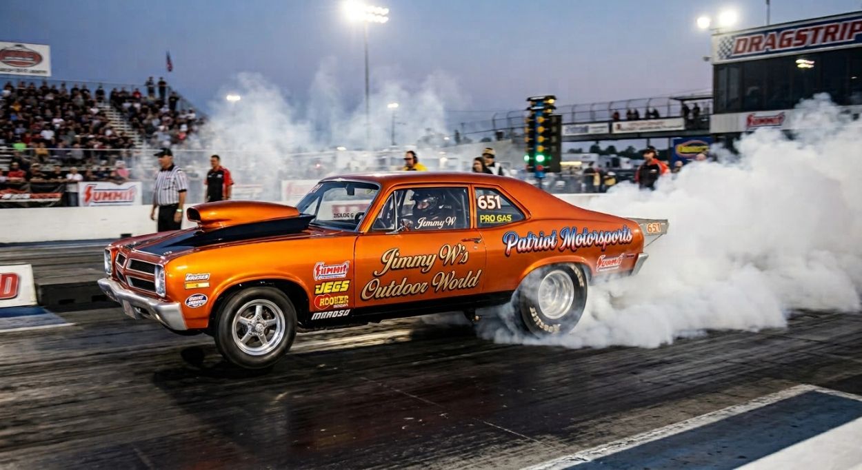 Orange drag racing car doing a burnout at a track.