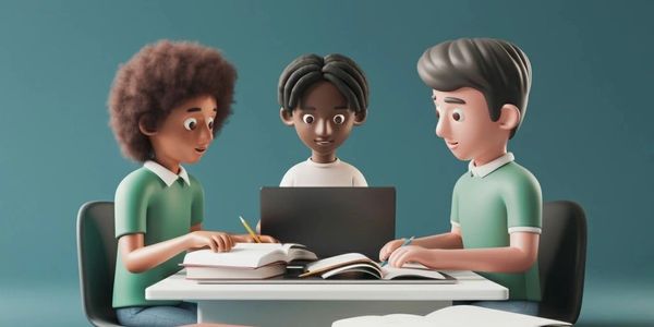 Three students studying together with books and a laptop at a table.