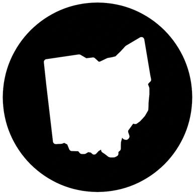 The shape of Ohio in white on a black circle background.