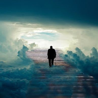 Man's silhouette walking up the stairs to Heaven.