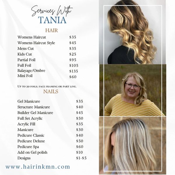 Hair and nail services with prices by Tania.