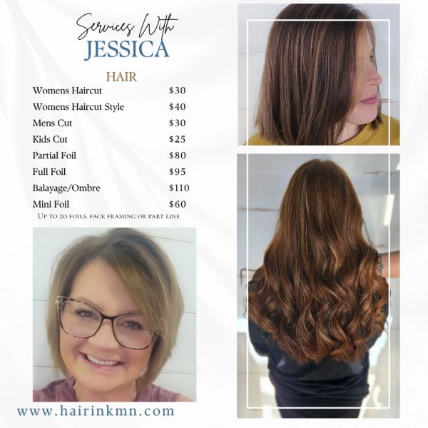 Jessica's hair services with prices and hairstyle examples.
