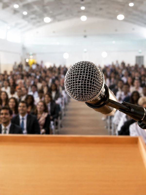 Microphone on podium facing an audience in a large hall.