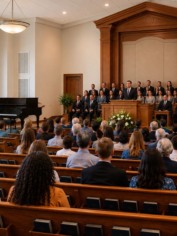 A man speaks at a podium in a formal church setting with an attentive audience.