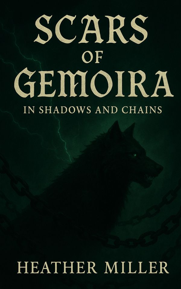 in shadows and chains. green background with lightning, a dark wolf and chains