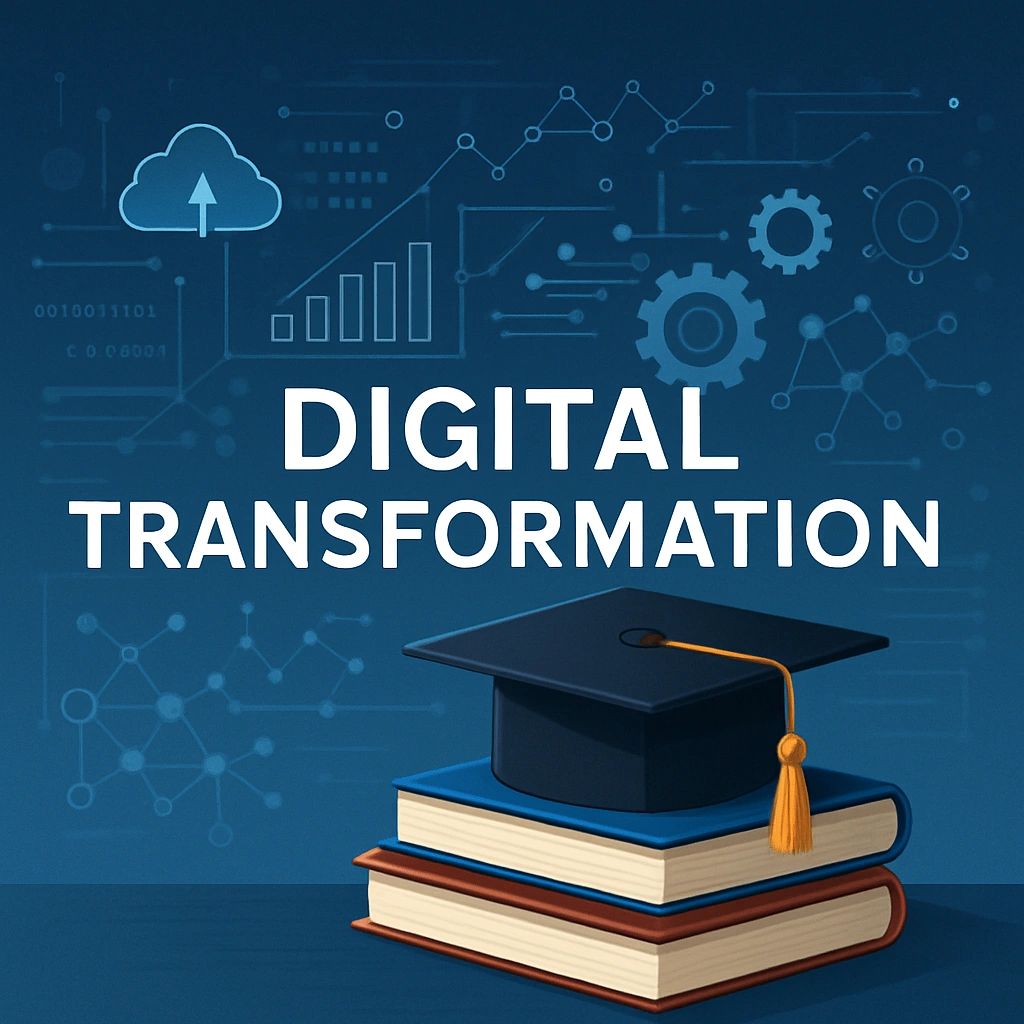 Graduation cap on books with digital transformation text and tech icons.