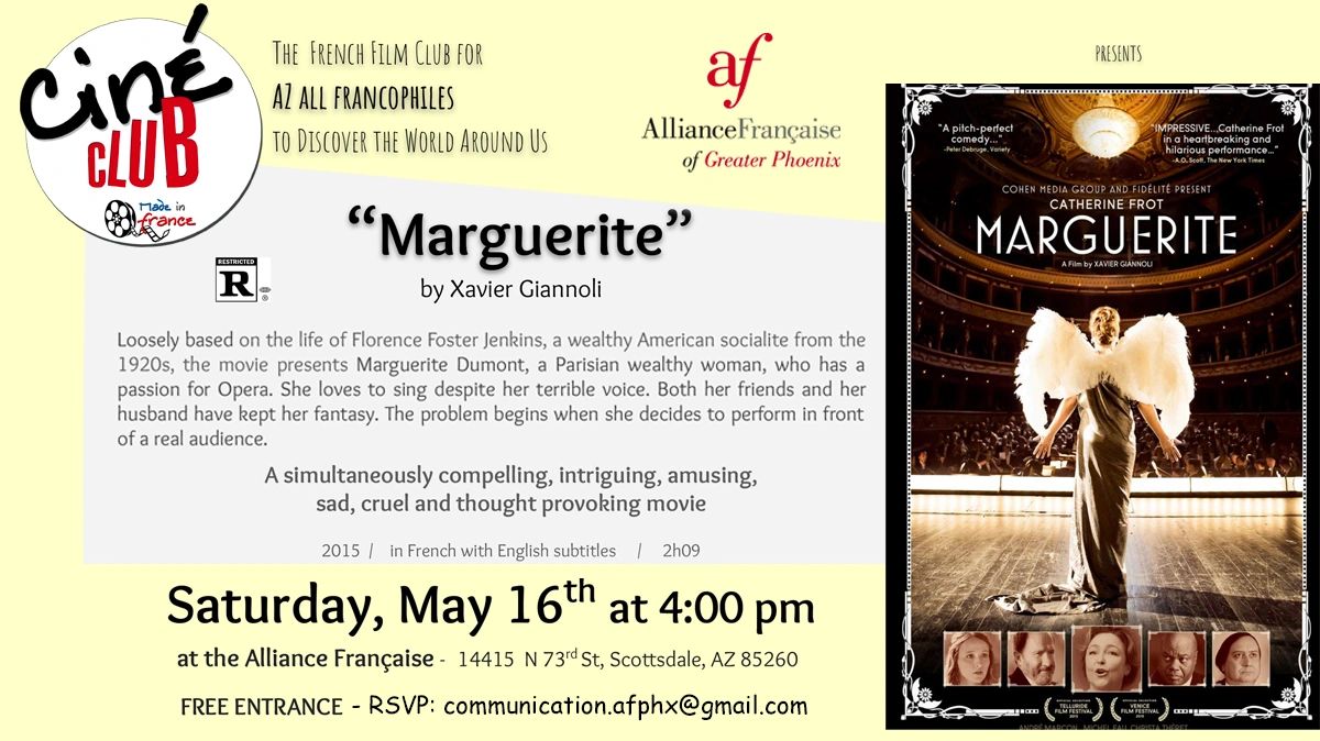 Flyer for a French film screening of 'Marguerite' at Alliance Française in Phoenix on May 16th.