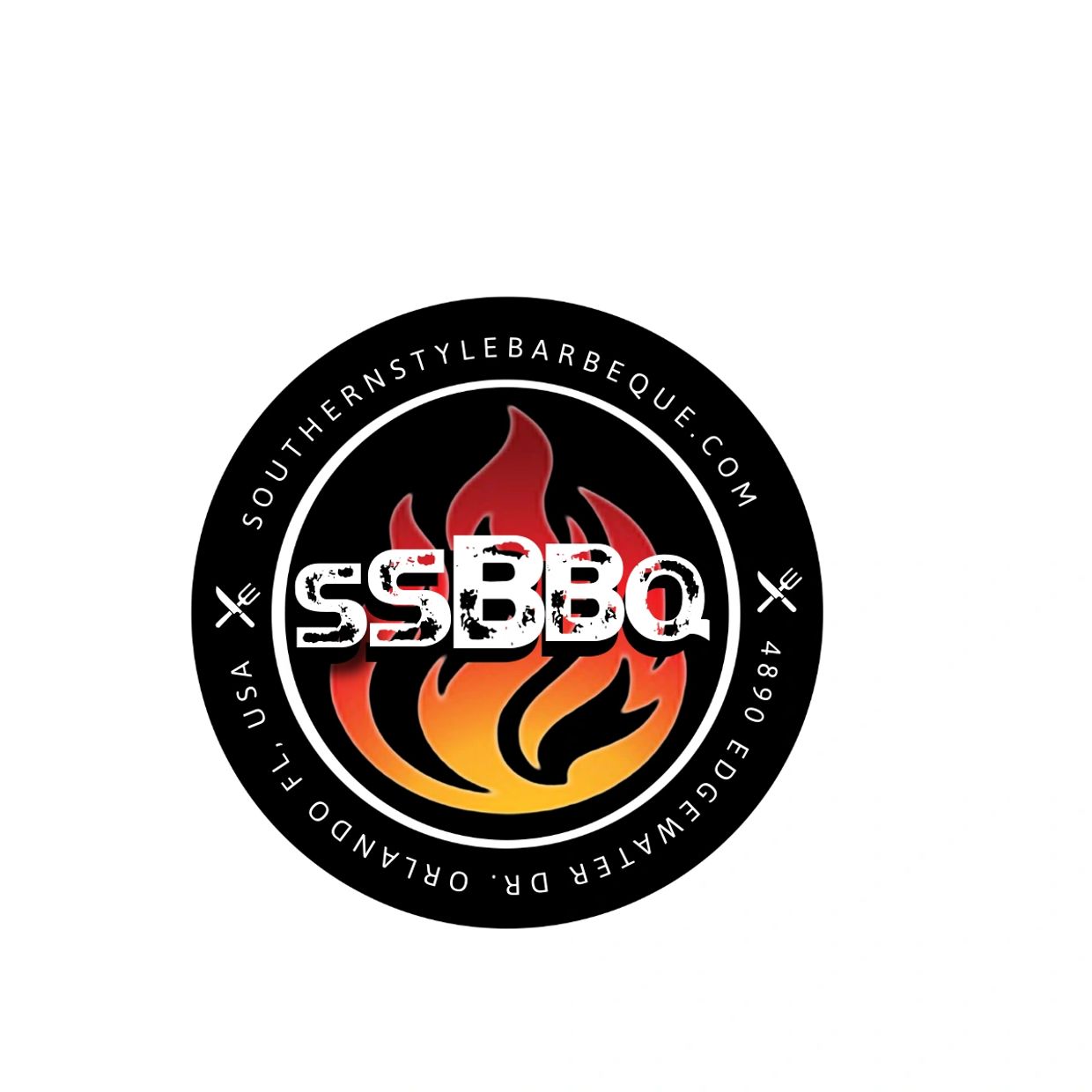 Southern Style Barbeque logo with flame design and location details.