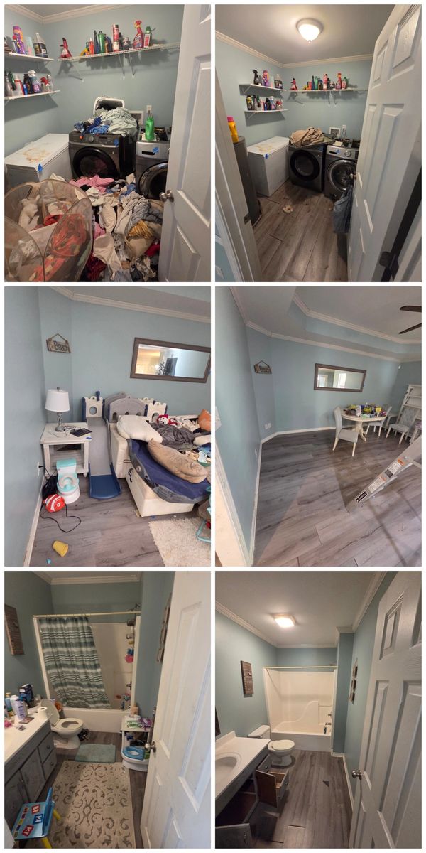 Before and after cleaning of laundry room, bedroom, and bathroom.