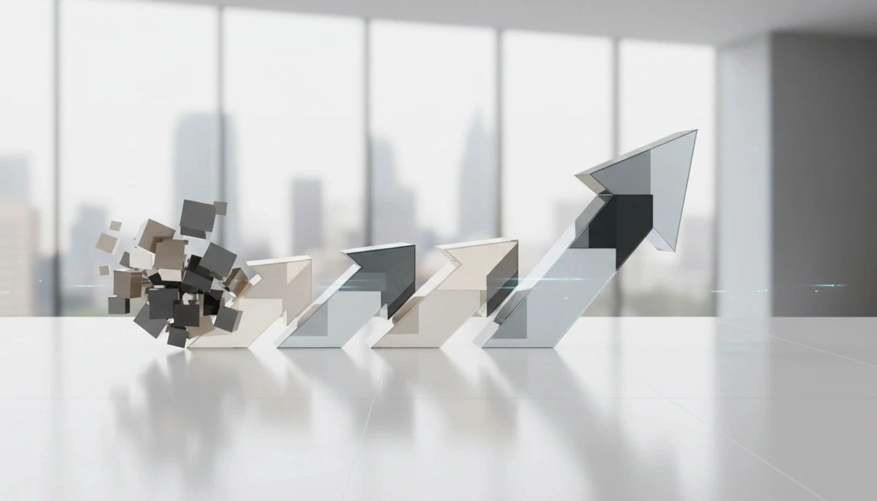 Glass arrows increasing in size with a burst of cubes symbolizing growth.