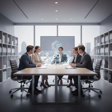 Business team meeting in a modern office with digital consulting solutions display.