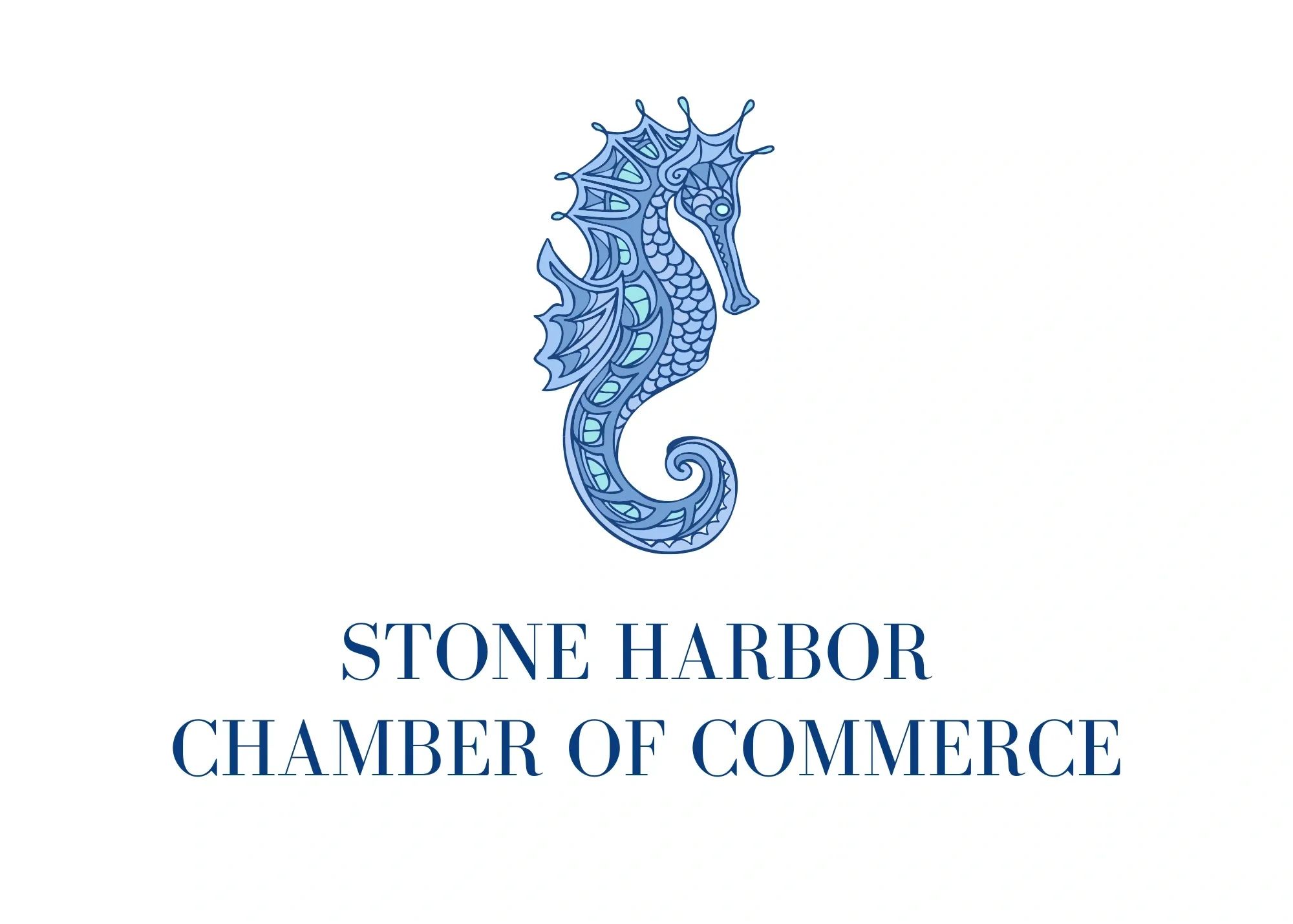 Intricately designed blue seahorse logo for Stone Harbor Chamber of Commerce.