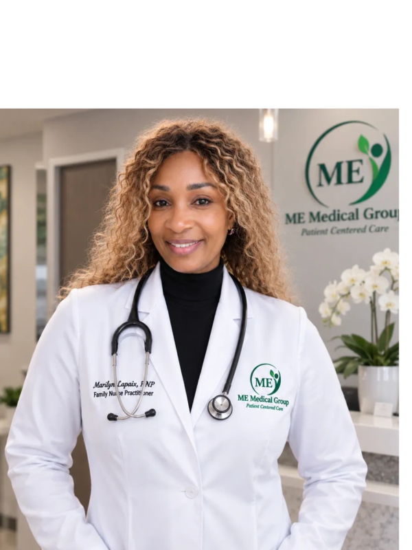 Confident female family nurse practitioner in white coat with stethoscope.