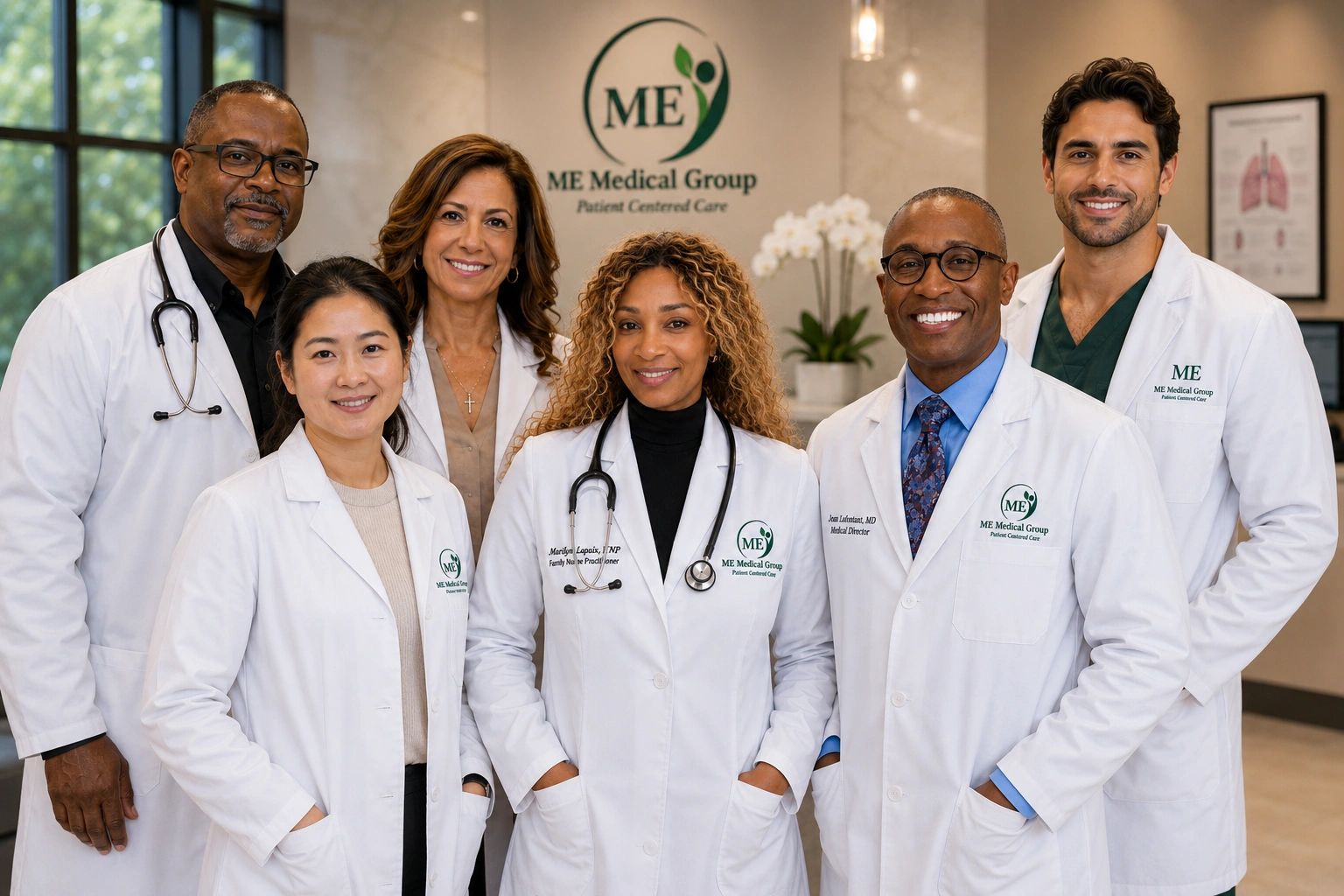 Group of six diverse medical professionals smiling and posing.